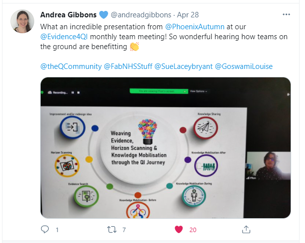 An image of a post on twitter by Andrea Gibbons about using knowledge mobilisation techniques locally. The image shows a circle which says weaving evidence, horizon scanning and knowledge mobilisation through the quality improvement journey. Around the cirlce, are points which are improvement and/or redesign idea, horizon scanning, evidence search, knowledge mobilisation before, knowledge mobilisation during, knowledge mobilisation after and knowledge sharing.