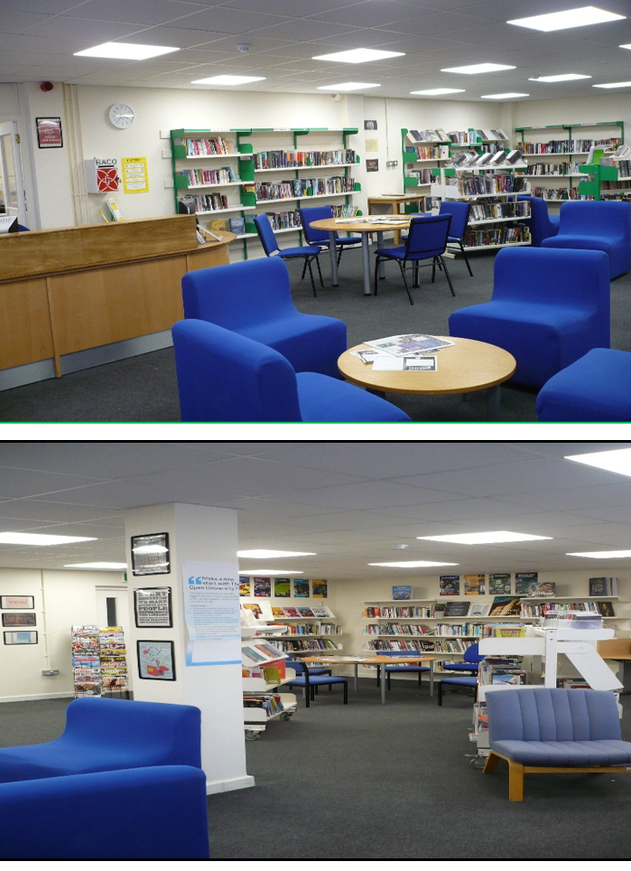 An image of the library at the Aylesbury Young Offenders' Institution showing bookshelves and a seating area.