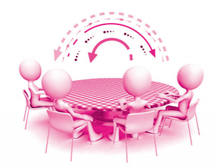 A graphic of 4 3D stick figures talking at a table.
