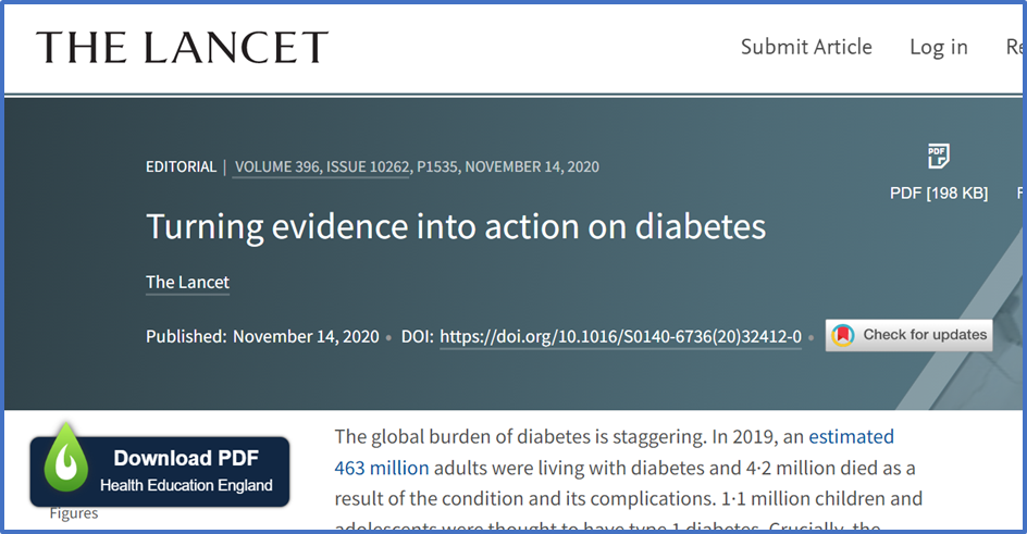 A screenshot of The Lancet website. The screenshot shows an example landing page for an article. On the bottom left of the screen there is a button that says 
