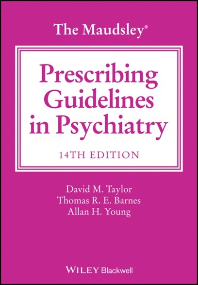 The book cover of The Maudsley, Prescribing Guidelines in Psychiatry 14th Edition by David M. Taylor and Thomas R. E. Barnes. The cover is pink.