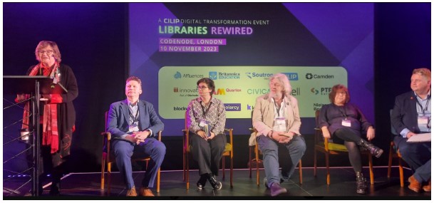 Rewired 2023 sitting panellists. Left to right is Thomas Shaw, Liz White, Bill Thompson, Sue Attewell and Nick Poole.